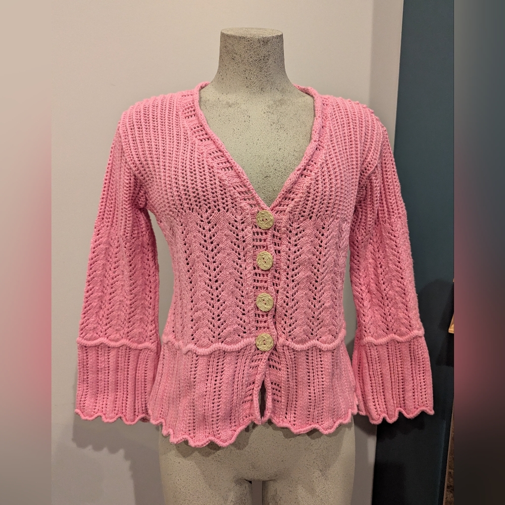 vintage Y2K pink cotton Knit Cardigan With flare Sleeves Size medium